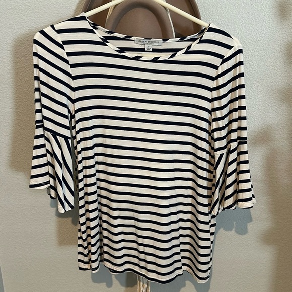 Blue and white striped bell sleeved stretchy top - Picture 1 of 4